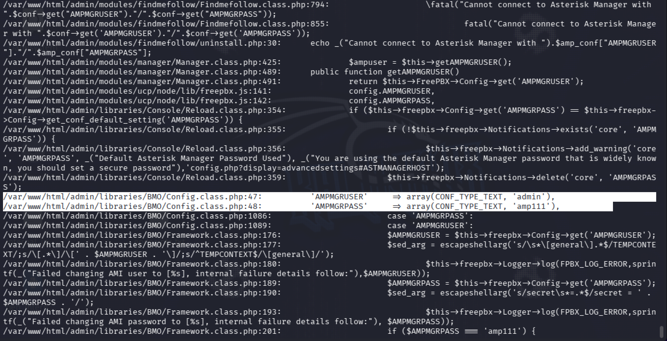 Grepping FreePBX's own source code for a hardcoded default Asterisk manager password, a dead end since it had already been rotated