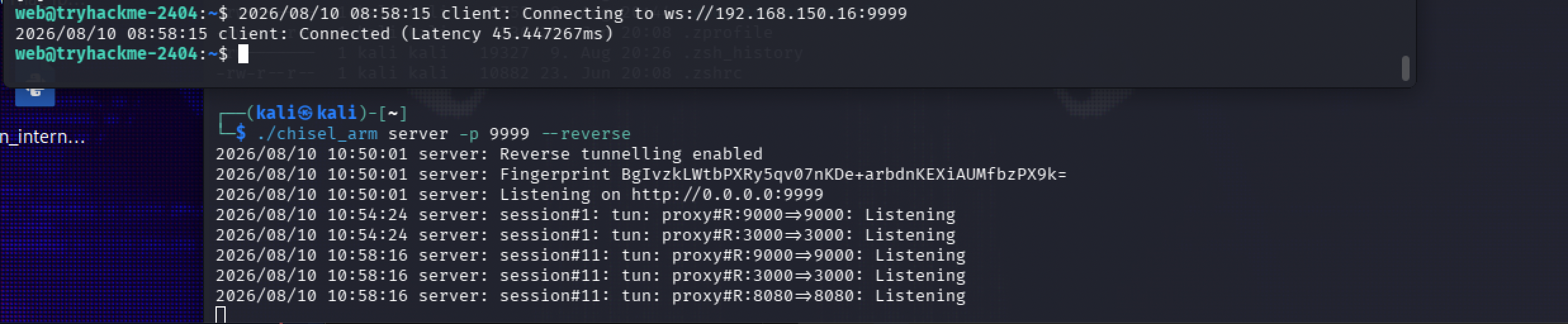 chisel running as a reverse-tunnel server on my own box, with the target's client connecting and forwarding ports back