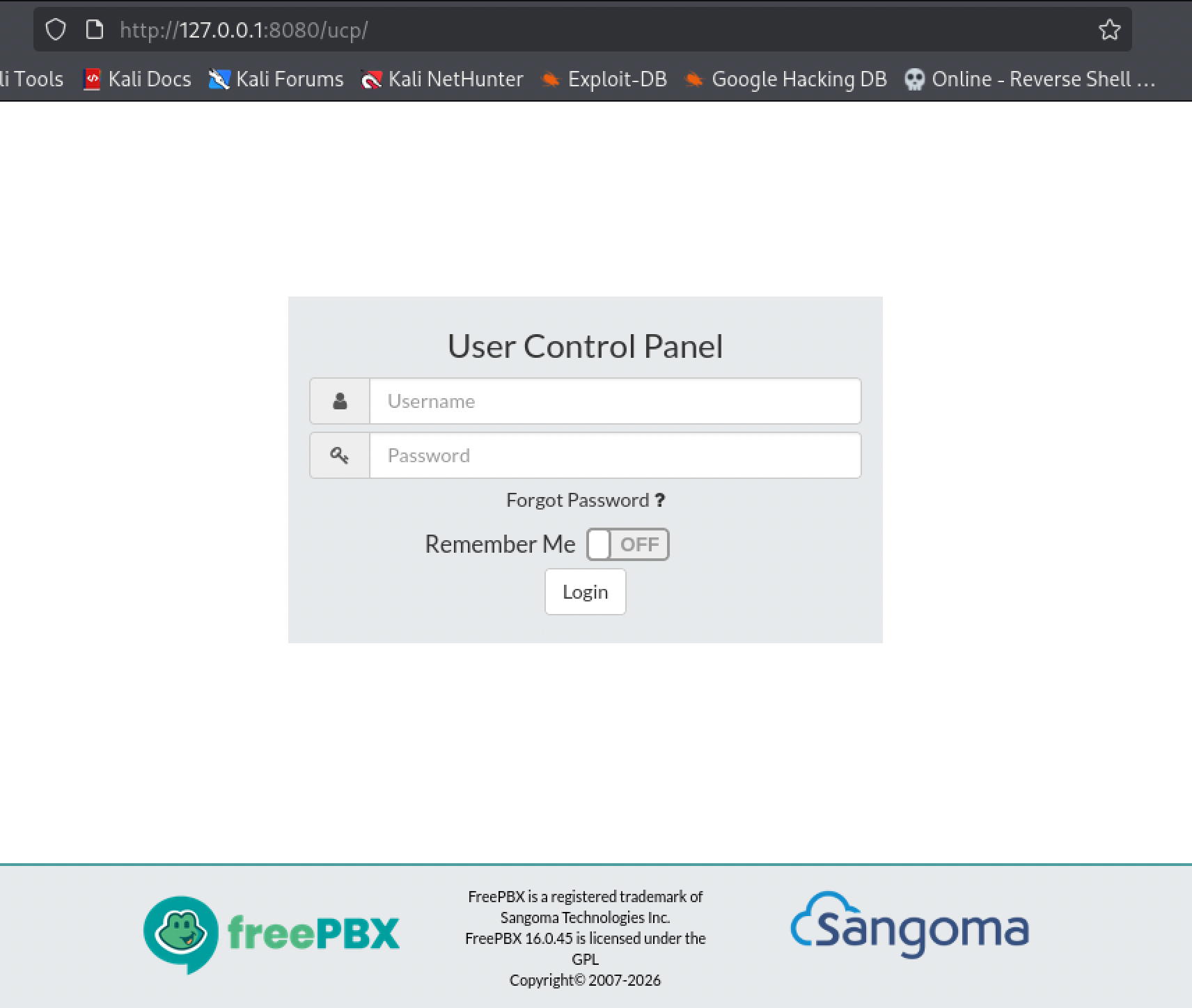 FreePBX's User Control Panel login page, now reachable through a real browser via the chisel tunnel