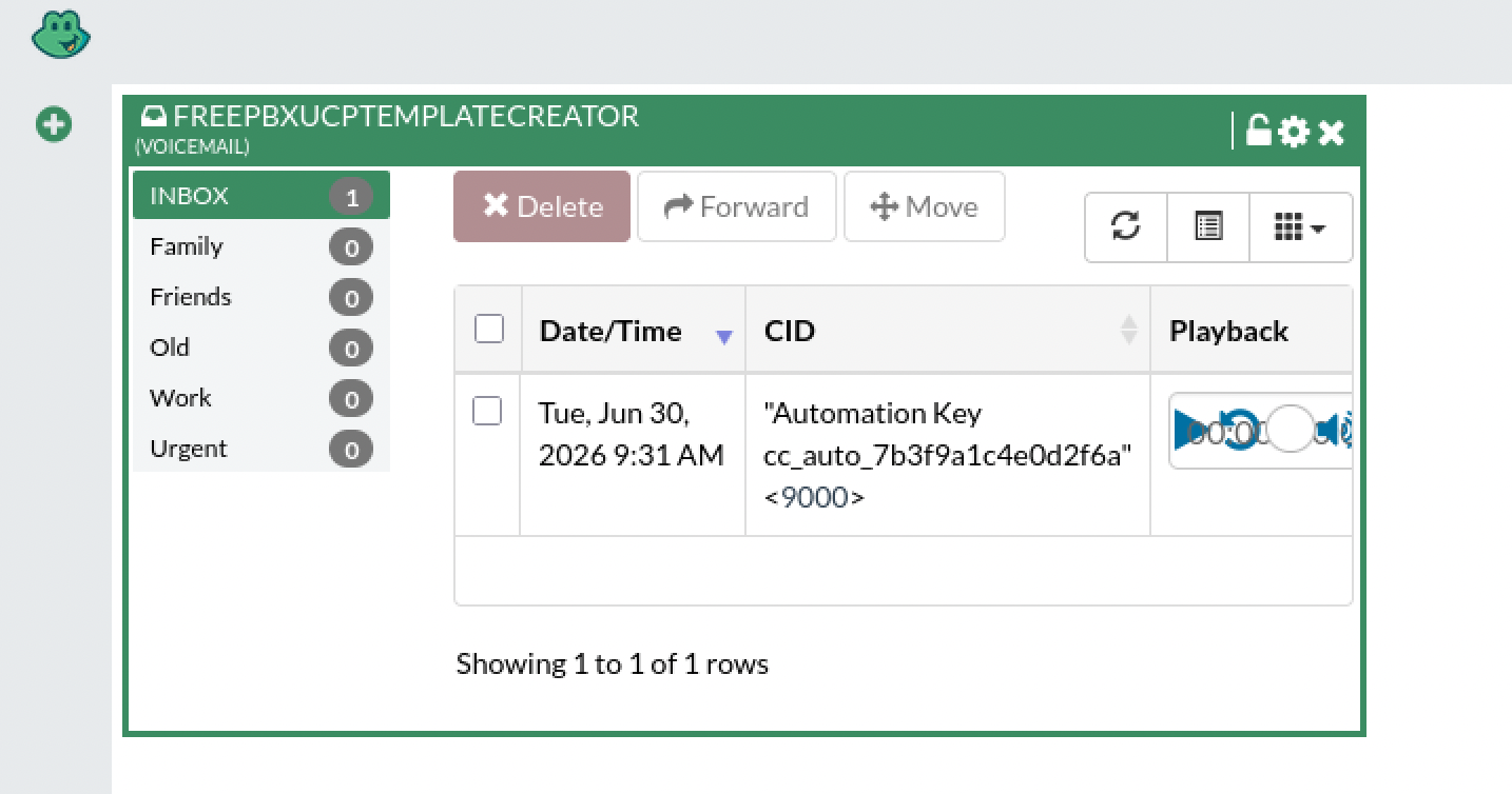A voicemail inbox inside FreePBX's UCP, with the automation key sitting in a message's caller-ID field
