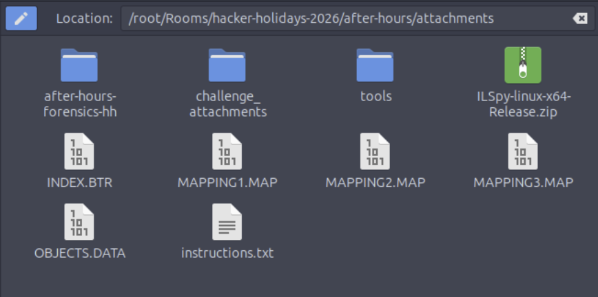 The attachments folder for After Hours, containing INDEX.BTR, three MAPPING.MAP files, OBJECTS.DATA, instructions.txt, a tools folder, and an ILSpy release zip