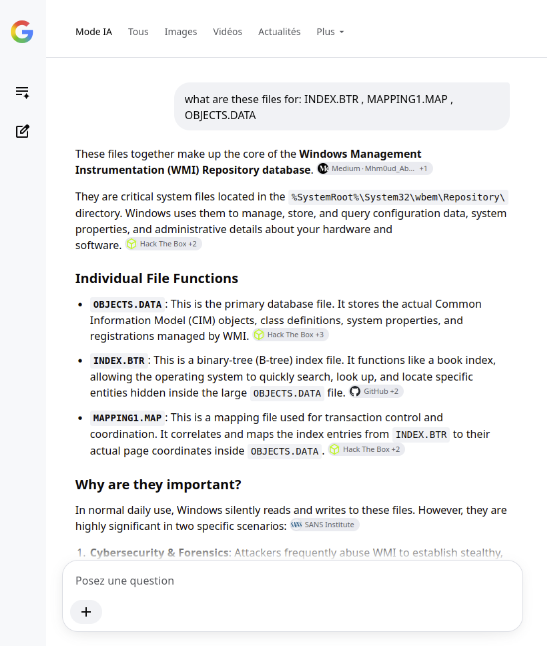 A search result explaining that INDEX.BTR, MAPPING.MAP, and OBJECTS.DATA together make up the WMI repository database