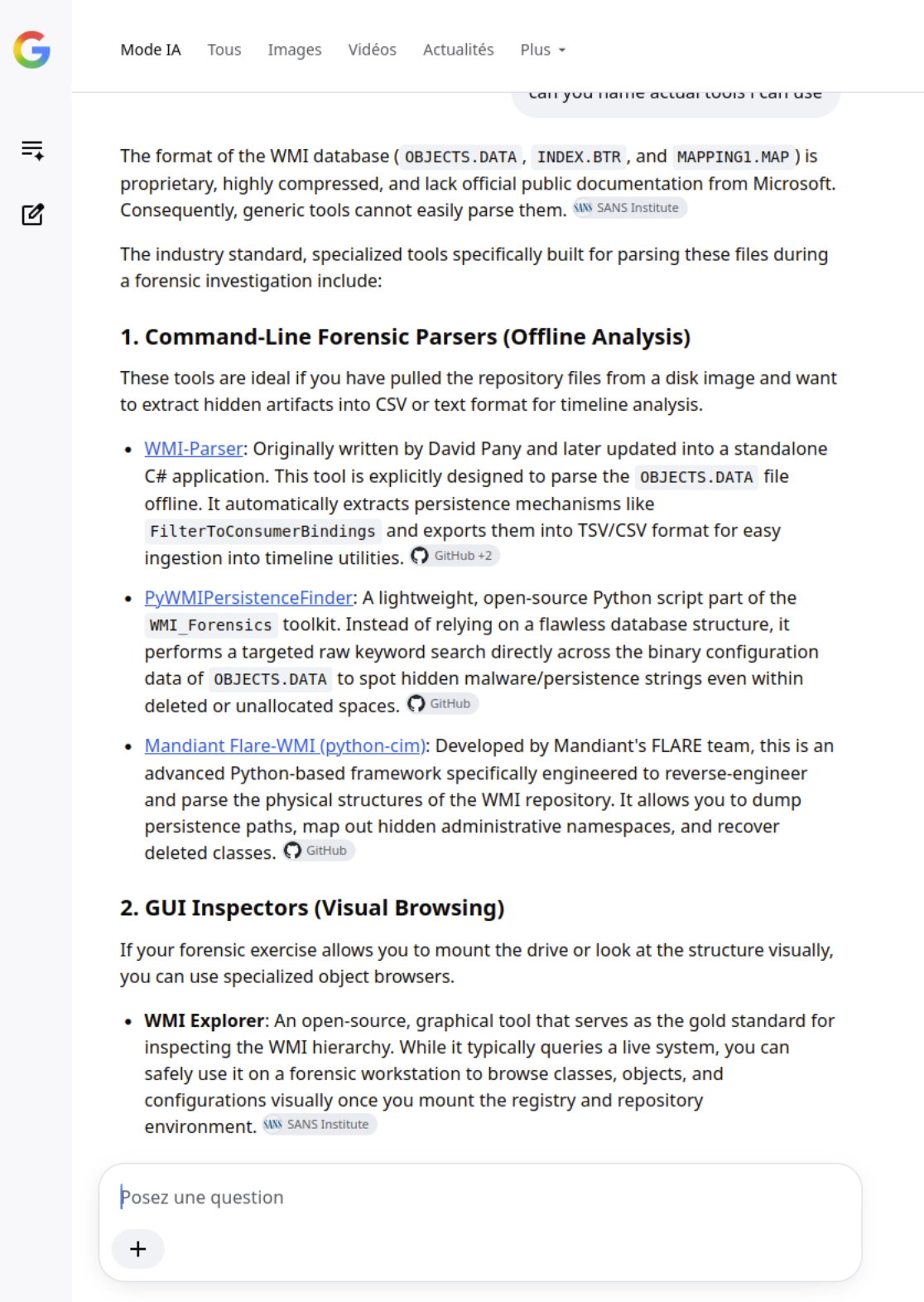 A list of dedicated WMI-forensics tools: WMI-Parser, PyWMIPersistenceFinder, and Mandiant's Flare-WMI