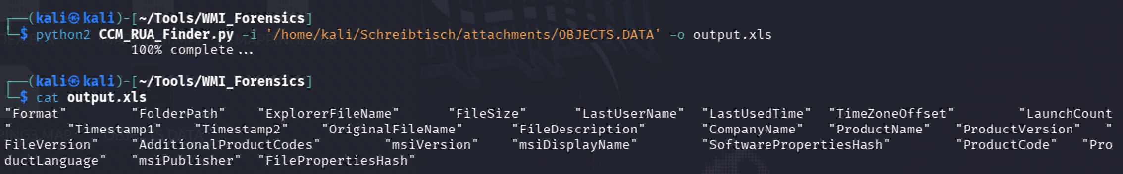 Running CCM_RUA_Finder.py against OBJECTS.DATA, producing an output.xls with unrelated recently-used-apps column headers