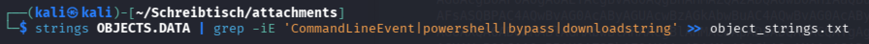strings OBJECTS.DATA piped through grep for CommandLineEvent, powershell, bypass, and downloadstring