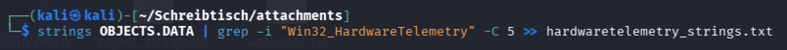strings OBJECTS.DATA grepped for Win32_HardwareTelemetry with five lines of surrounding context