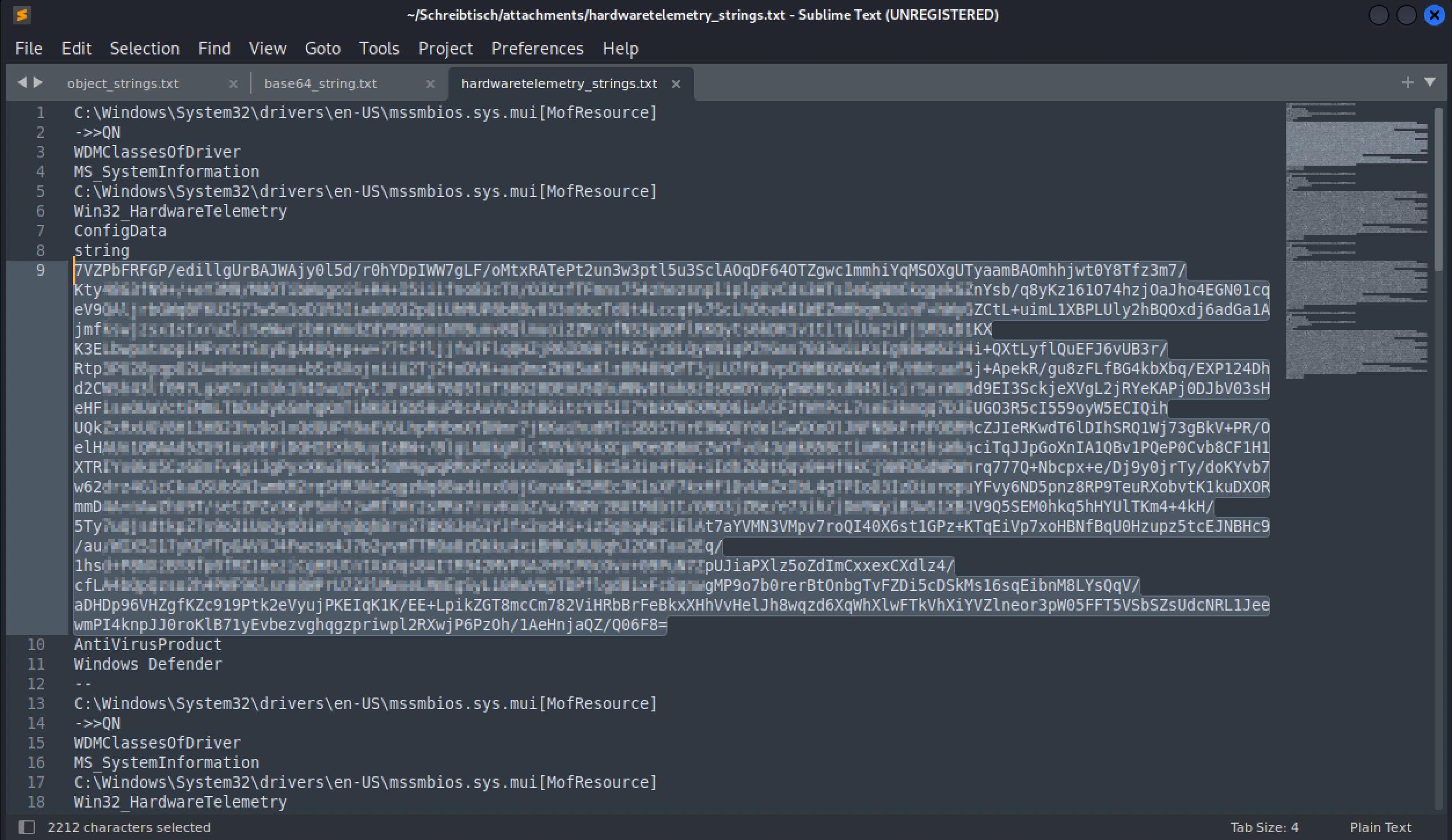 hardwaretelemetry_strings.txt open in Sublime Text, showing the ConfigData property and its large base64-encoded value