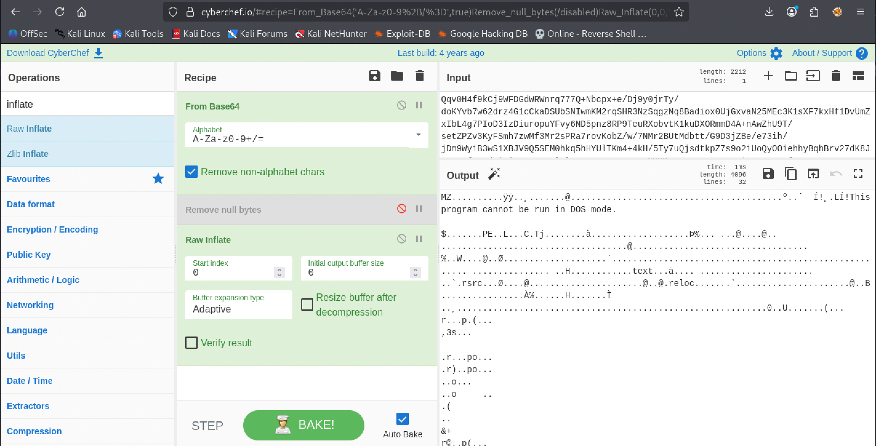 CyberChef inflating the decoded ConfigData blob, producing a Windows PE header, MZ, and the DOS-mode string
