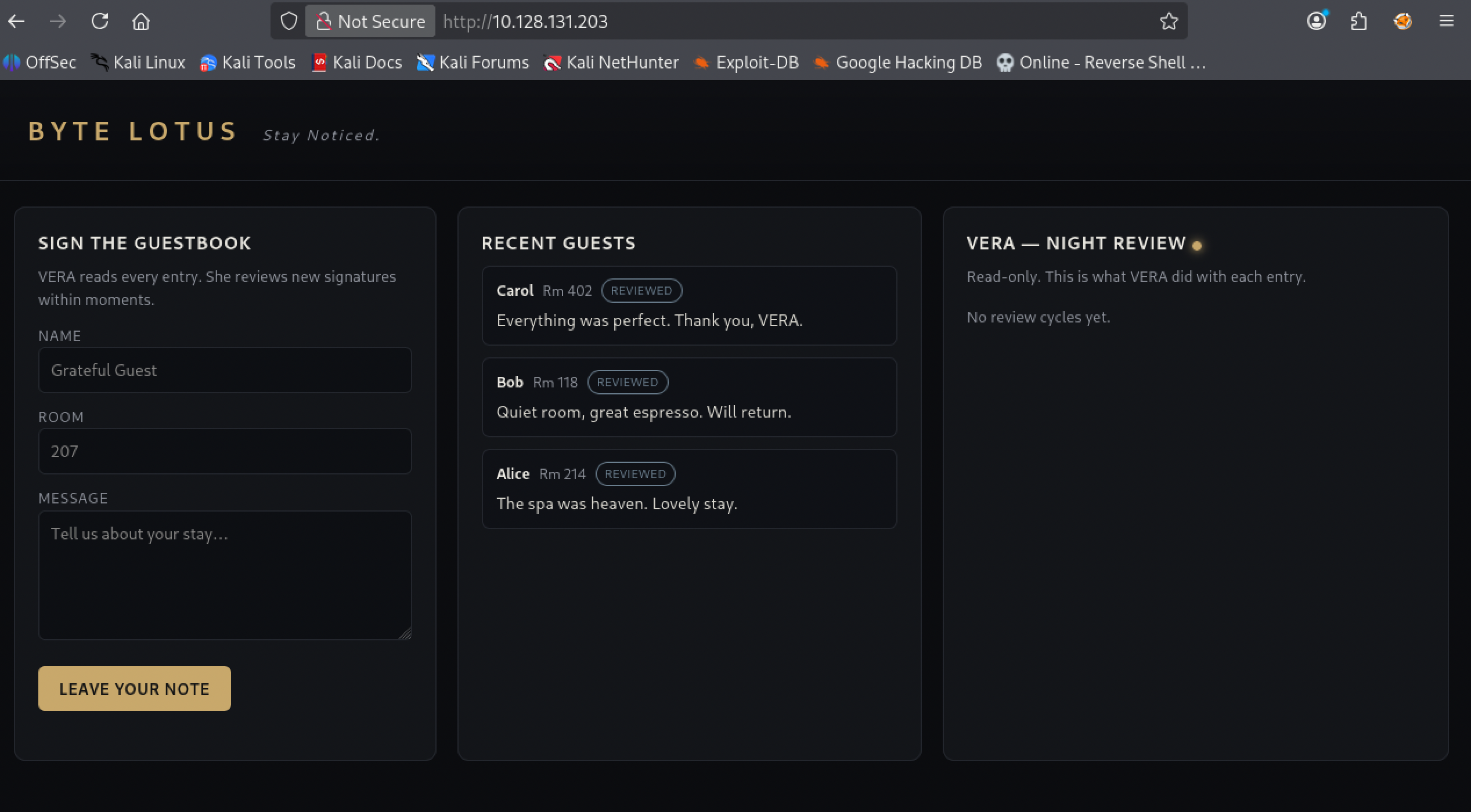 The Byte Lotus guestbook: a sign-in form on the left, recent guest entries in the middle, and VERA's read-only night review log on the right