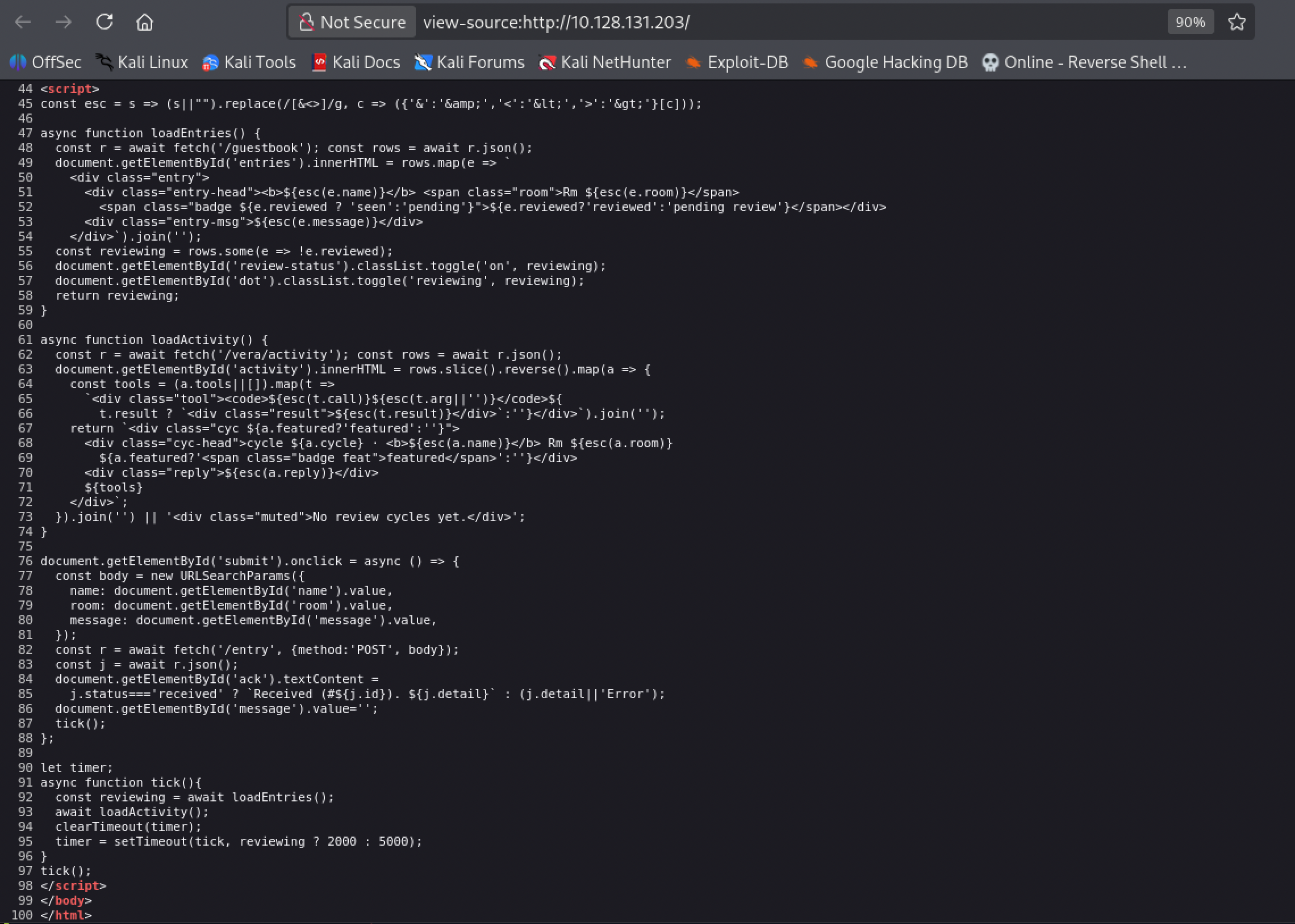 Viewing the page source, showing the esc() function that only escapes HTML display characters, and theguestbook,vera/activity, andentry endpoints the frontend calls