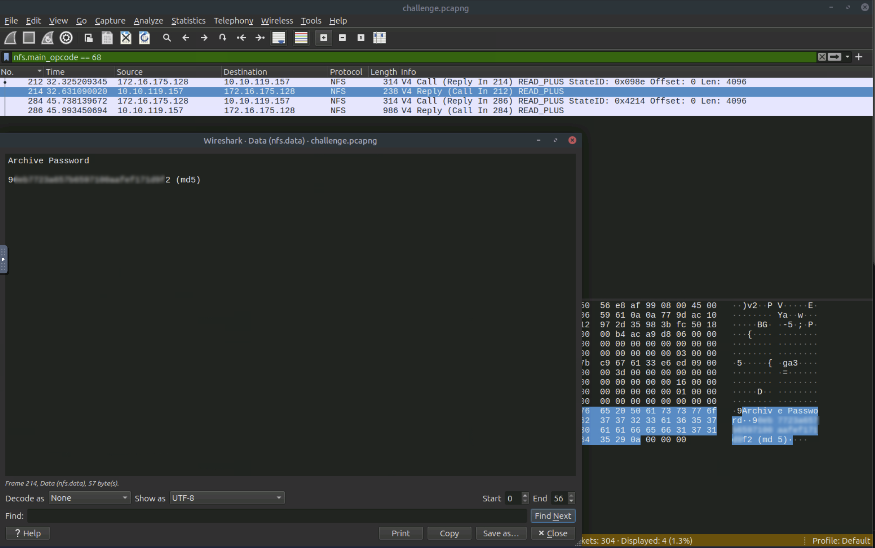 Packet 214 showing creds.txt contents with MD5 hash
