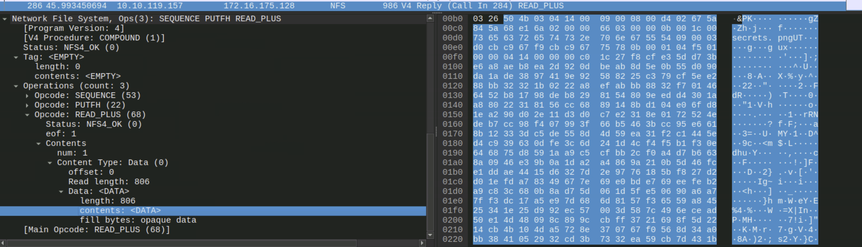 Wireshark hex pane showing ZIP magic bytes 50 4b 03 04