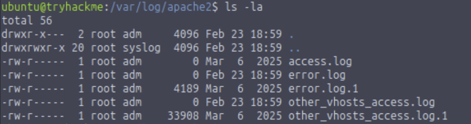Apache2 log directory listing showing other_vhosts_access.log.1 at 33908 bytes