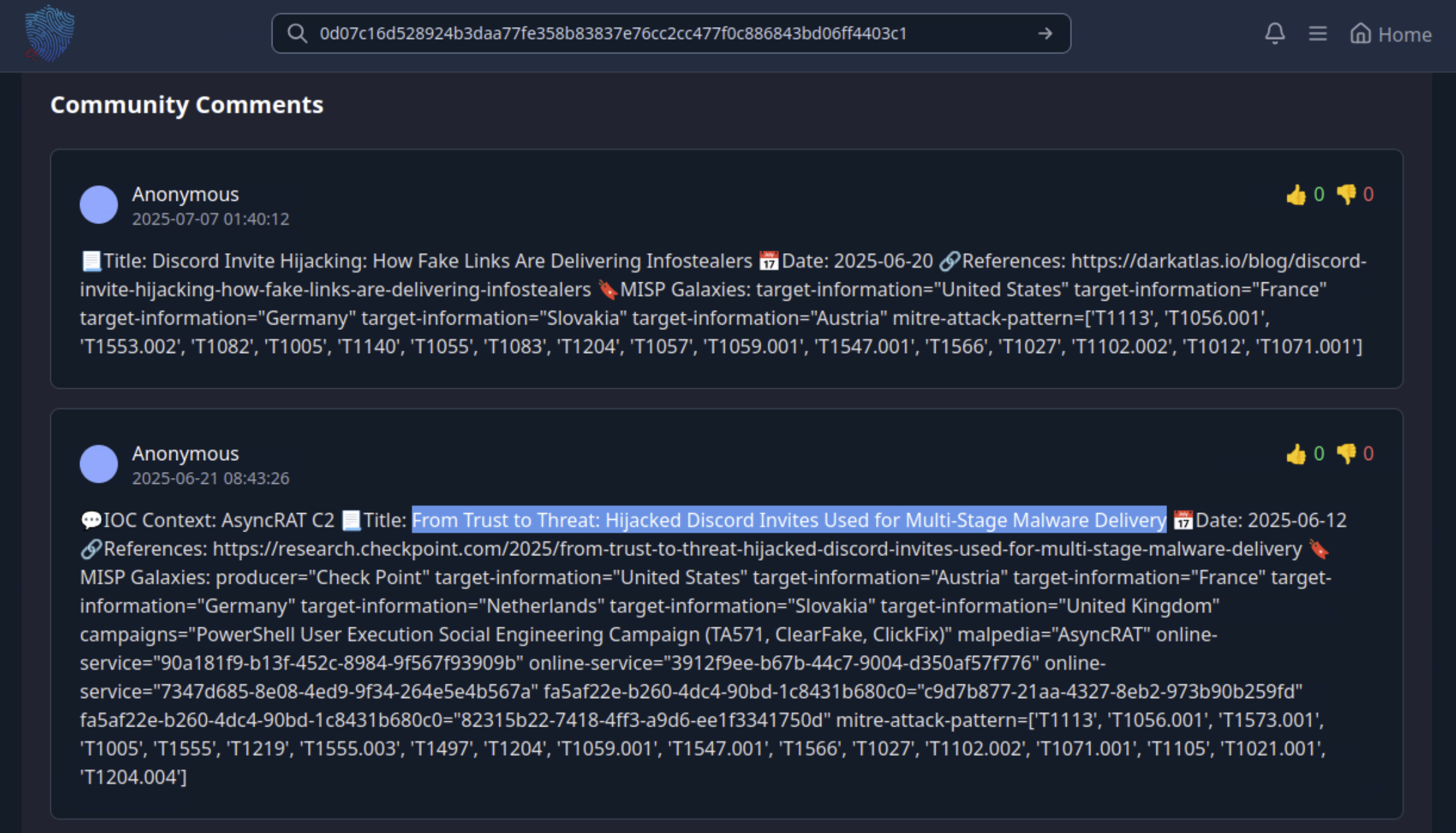 VirusTotal Community Comments showing AsyncRAT malpedia label