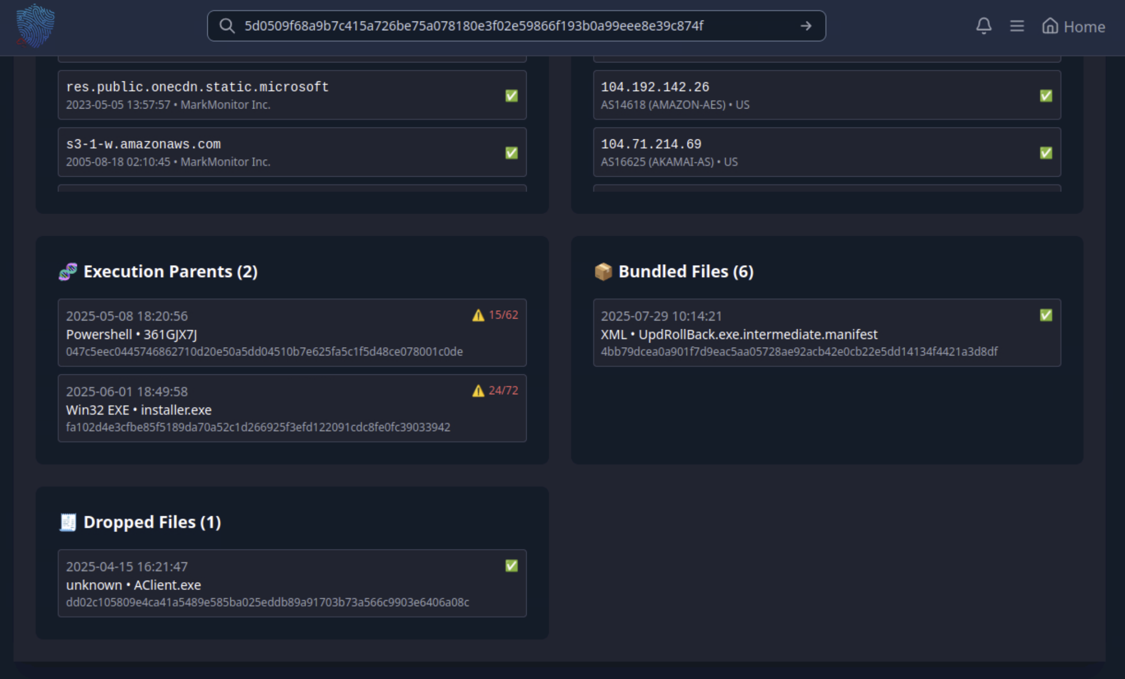 VirusTotal Relations tab showing Execution Parents, Bundled Files, and Dropped Files