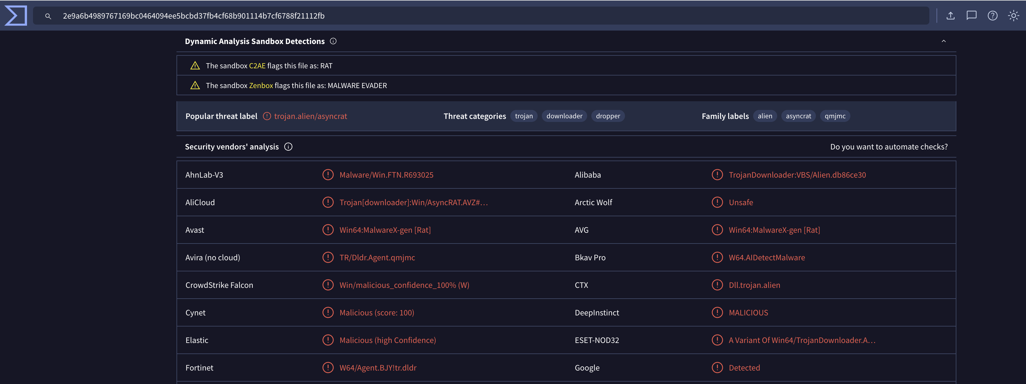 VirusTotal Security Vendors showing asyncrat detection labels