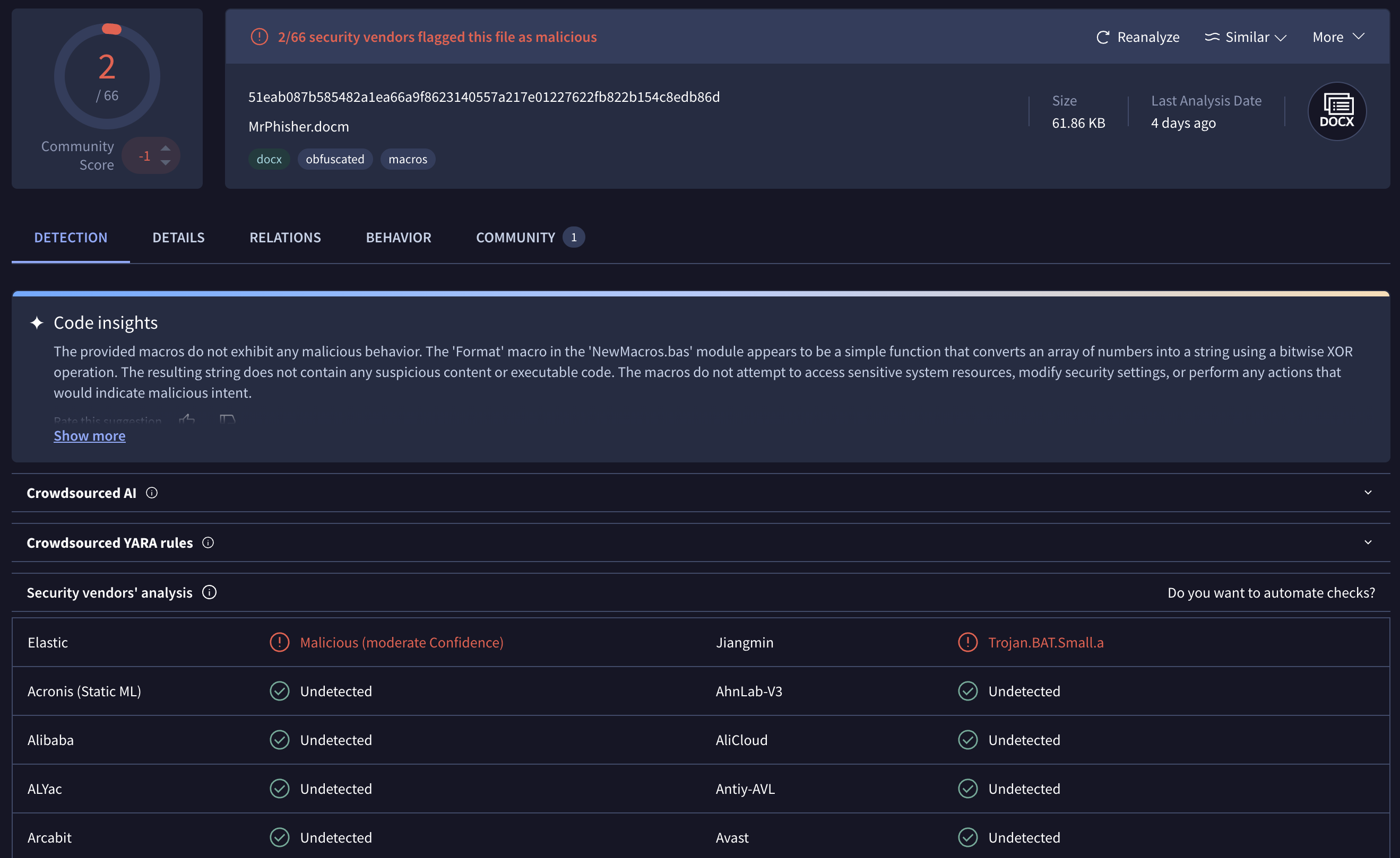 VirusTotal flags the file as malicious
