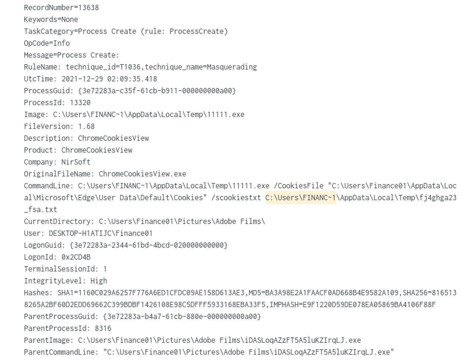 Sysmon ProcessCreate event for 11111.exe, its embedded metadata identifying it as NirSoft's ChromeCookiesView tool run against Edge's cookie store