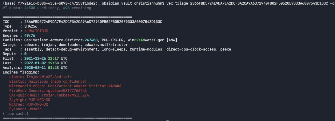 vex triage against the binary's SHA256 hash, 49 of 76 engines flagging it malicious with sandbox-evasion tags