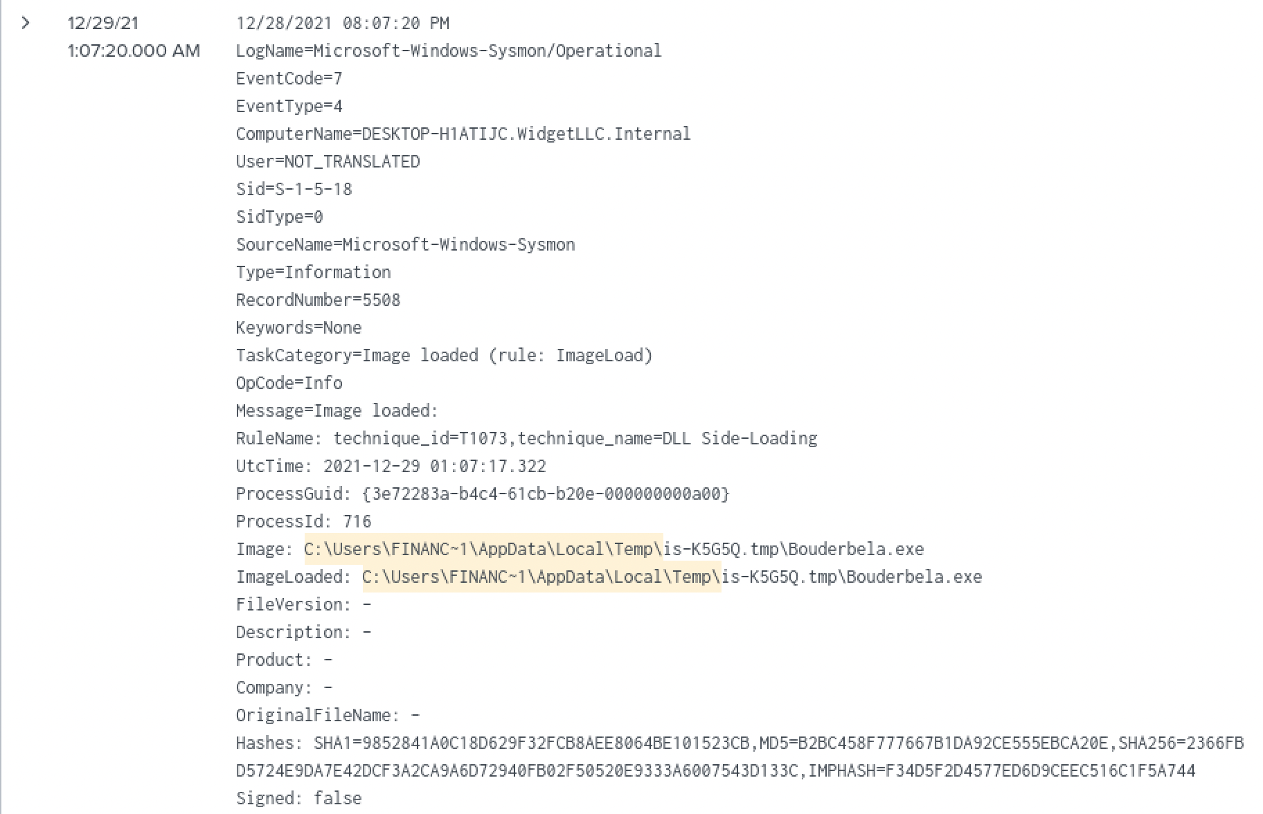 A Sysmon ImageLoad event for Bouderbela.exe firing the DLL Side-Loading detection rule