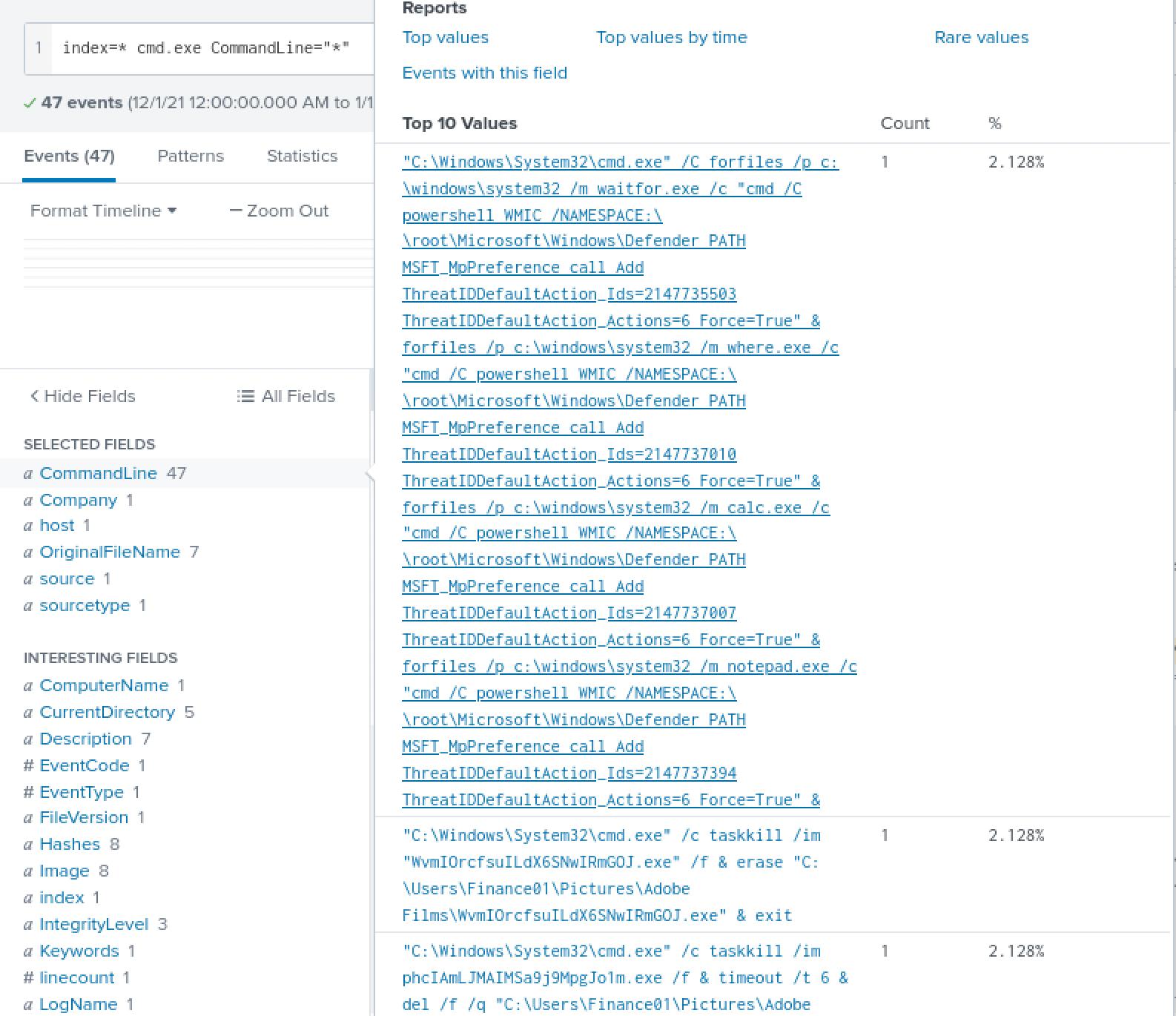cmd.exe command lines showing a WMIC call adding specific threat IDs to Windows Defender's allowed list, forced