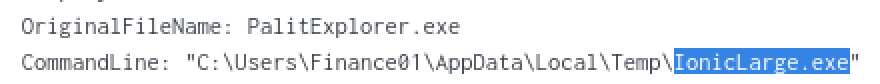 OriginalFileName listed as PalitExplorer.exe against a command line actually invoking IonicLarge.exe, the rename laid bare