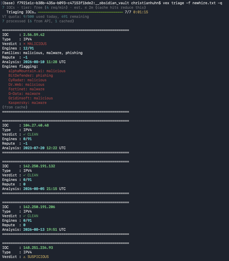 vex batch-triaging the destination IPs, 2.56.59.42 flagged malicious with malware and phishing tags