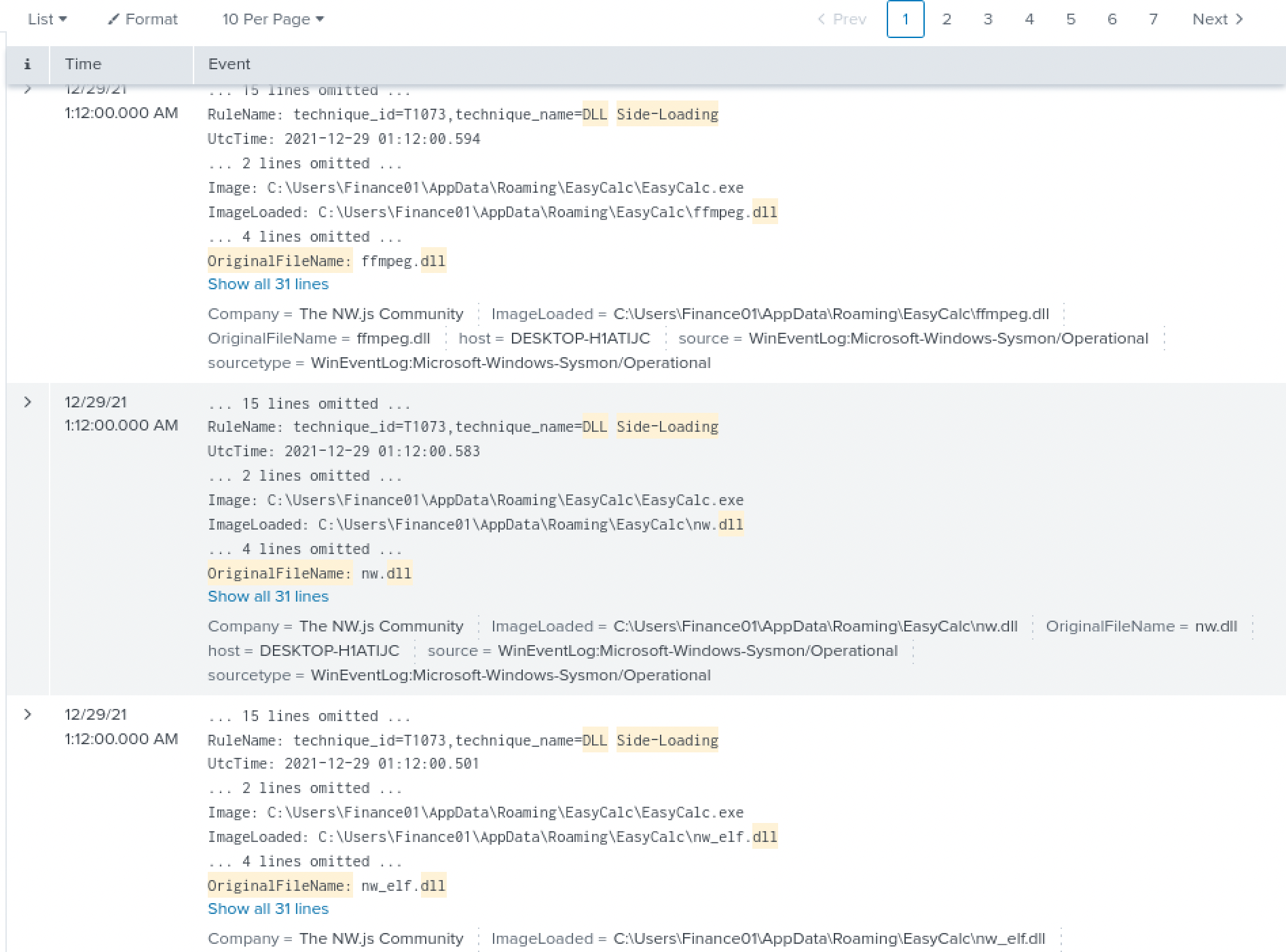 Raw Sysmon events for the three side-loaded DLLs, all firing within the same second under EasyCalc.exe
