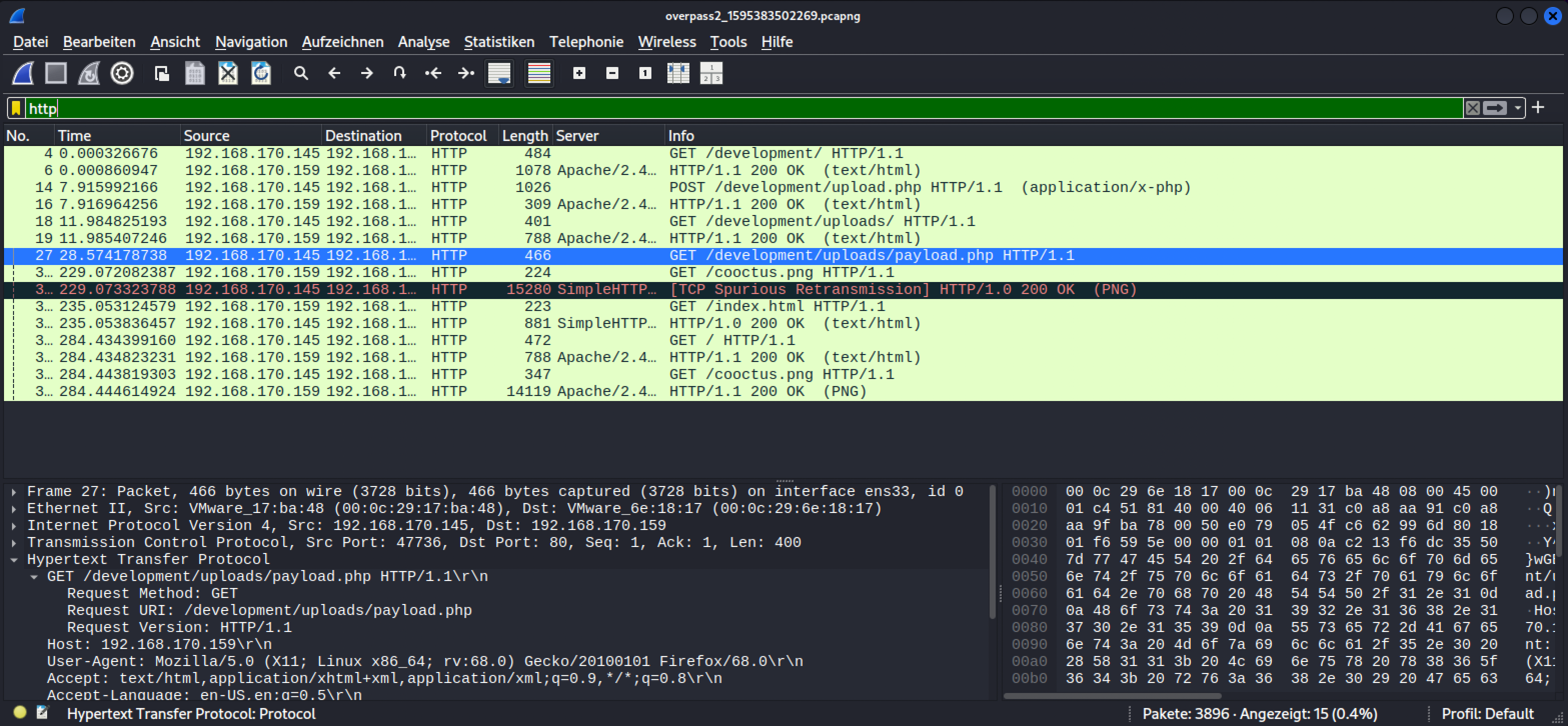Wireshark filtered to http, showing GETdevelopment/, POSTdevelopment/upload.php, and a later GET todevelopment/uploads/payload.php