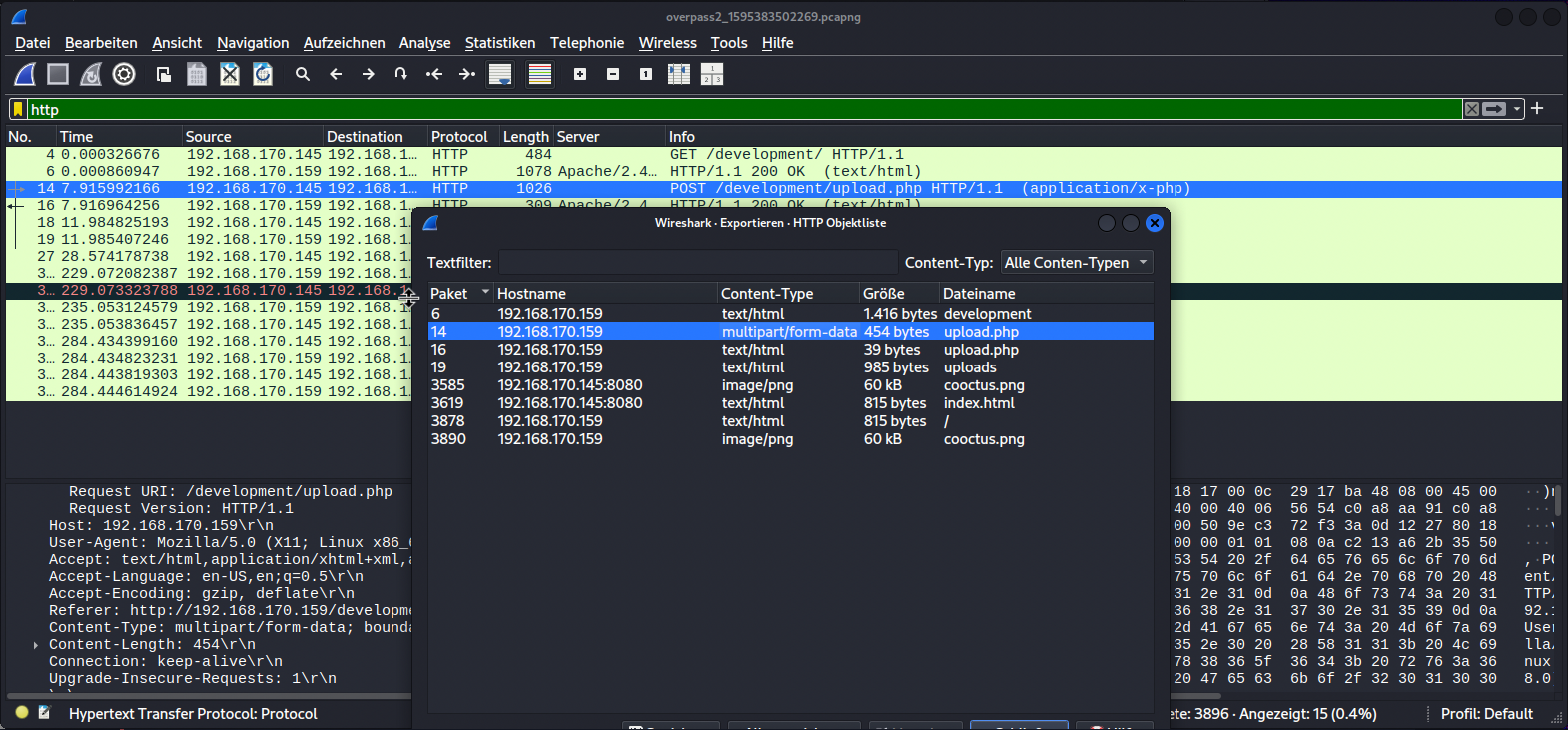 Wireshark's Export HTTP Objects list, with the upload.php multipart POST selected