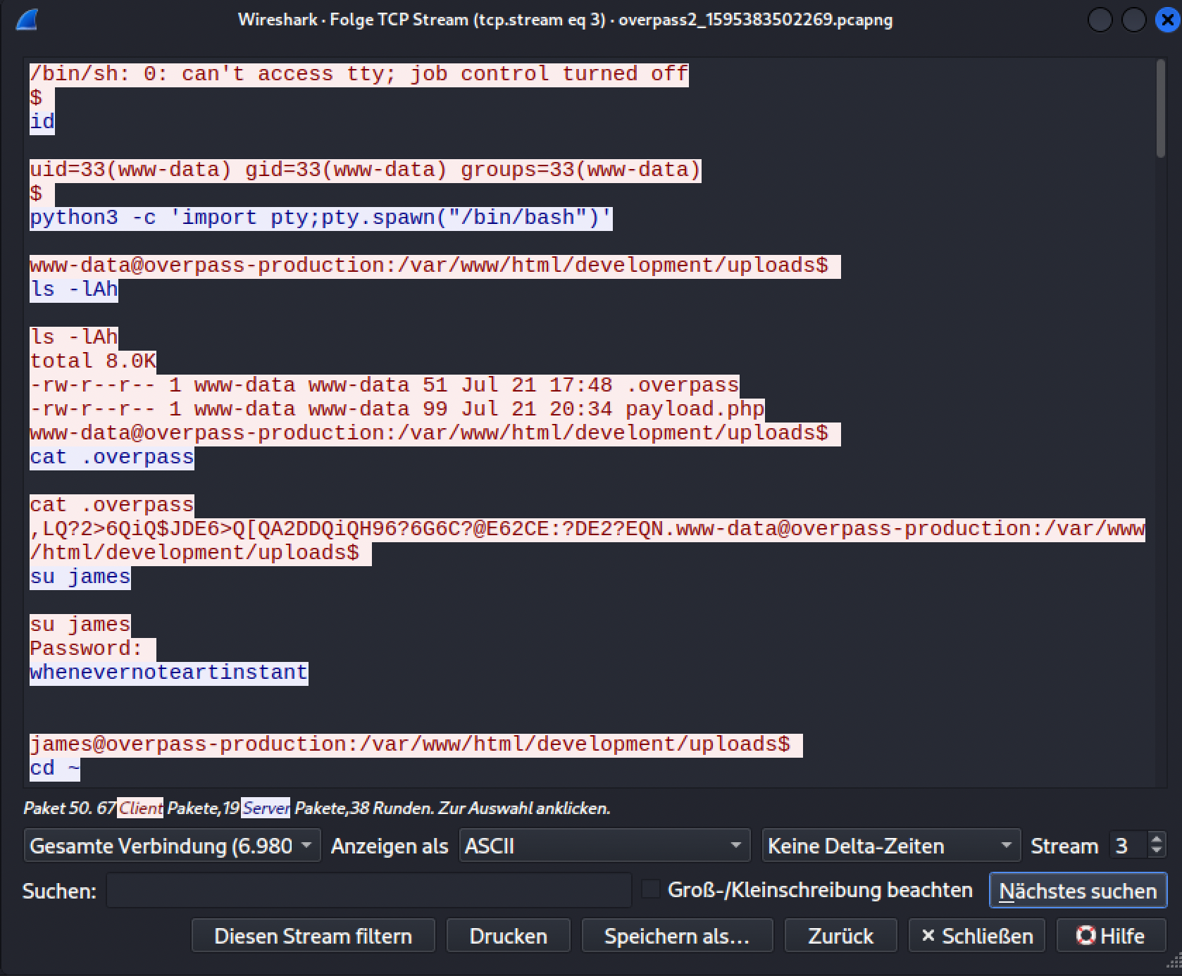 The attacker's TCP stream: id confirming www-data, upgrading to a PTY, ls -lAh finding .overpass, and su james followed by the password in cleartext