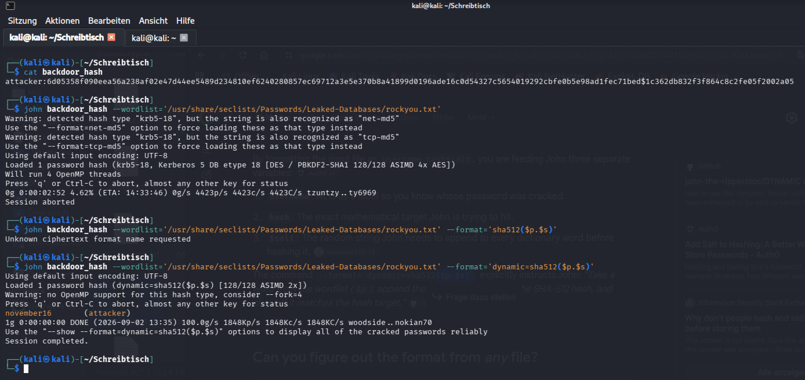John misidentifying the format as krb5-18, then a second attempt with an explicit sha512($p.$s) format cracking the password to november16