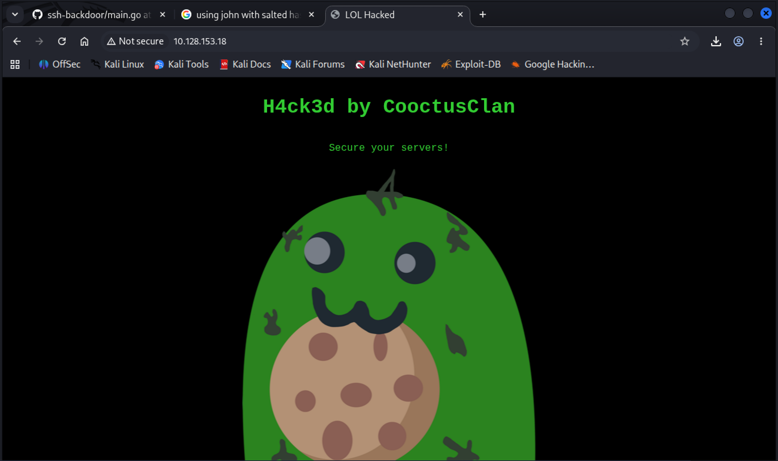 The defaced Overpass page: H4ck3d by CooctusClan, Secure your servers!, with a cartoon cactus mascot