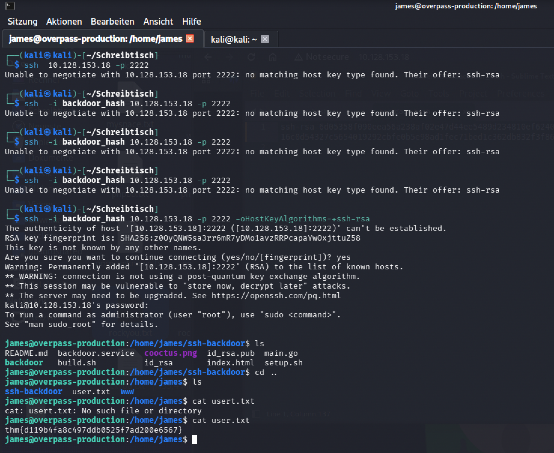 SSH connection failing on host key algorithm negotiation, then succeeding after adding -oHostKeyAlgorithms=+ssh-rsa, landing a shell and reading user.txt
