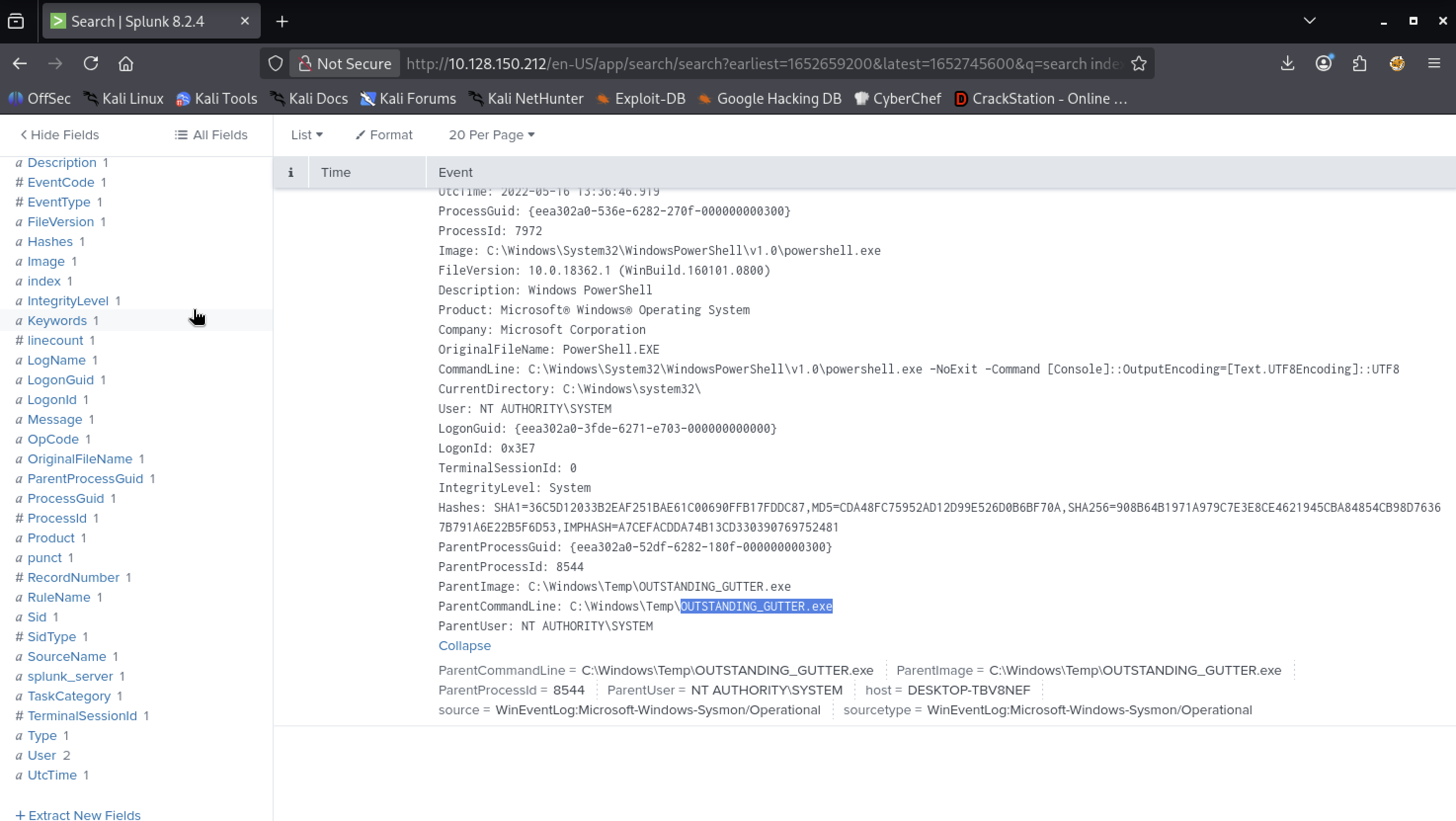 Splunk event showing powershell.exe spawned by OUTSTANDING_GUTTER.exe — ParentCommandLine and ParentImage both pointing to the suspicious binary in Windows\Temp