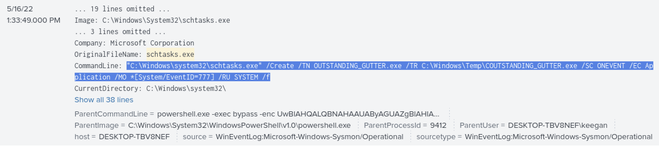 Splunk Sysmon event showing schtasks.exe executing theCreate command — full command line visible, ParentCommandLine showing the powershell -exec bypass -enc invocation, ParentUser DESKTOP-TBV8NEF\keegan