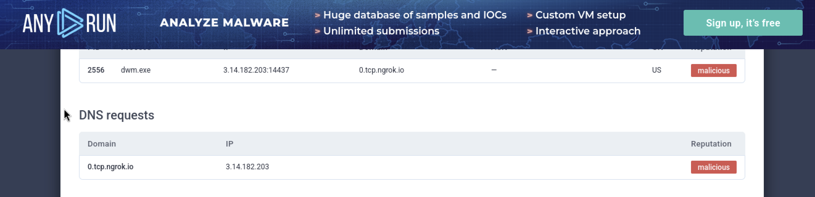 Any.Run analysis showing a system process connecting to a C2 IP via 0.tcp.ngrok.io domain — flagged malicious