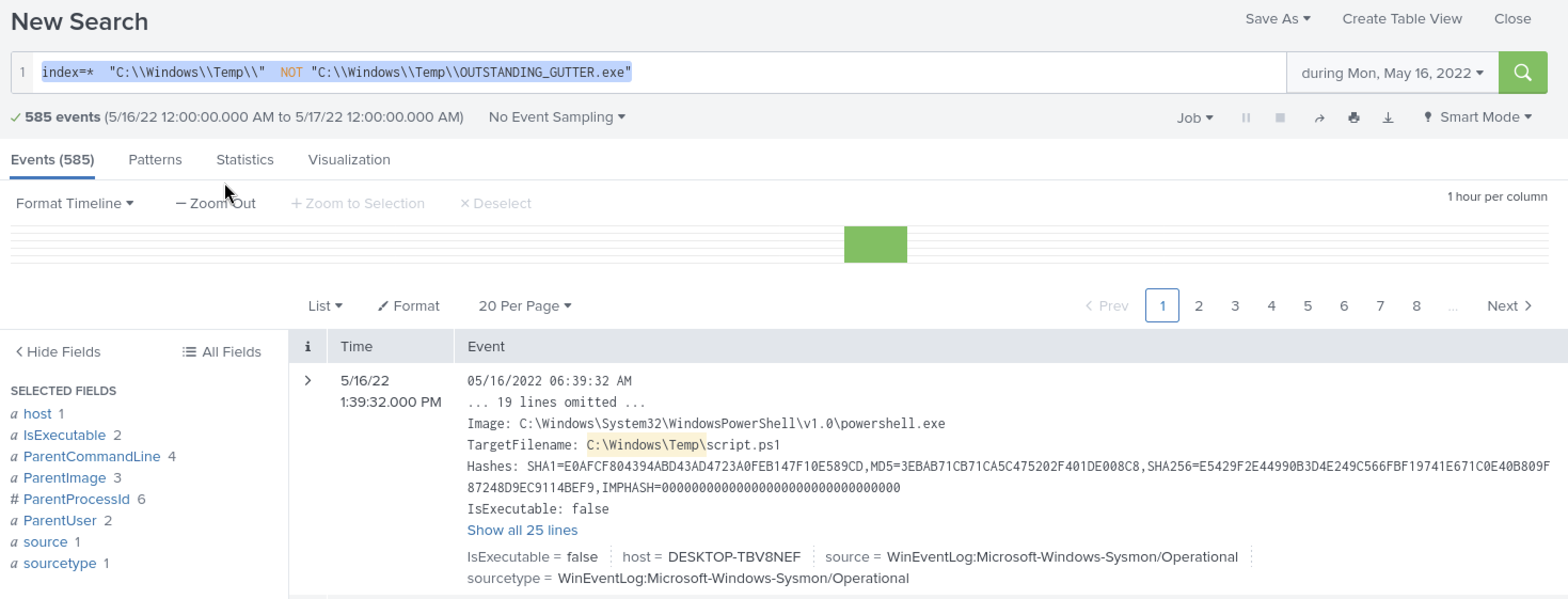 Splunk search excluding the known binary from the Temp path — the first result surfaces a PowerShell script created in the same directory