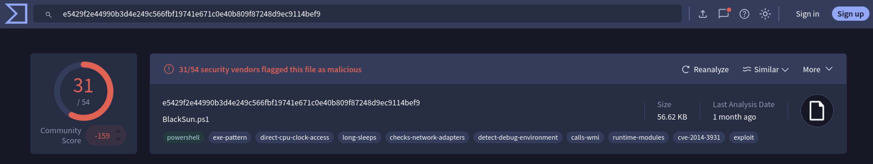 VirusTotal showing the script hash — majority of vendors flagged it malicious, original name visible under Details