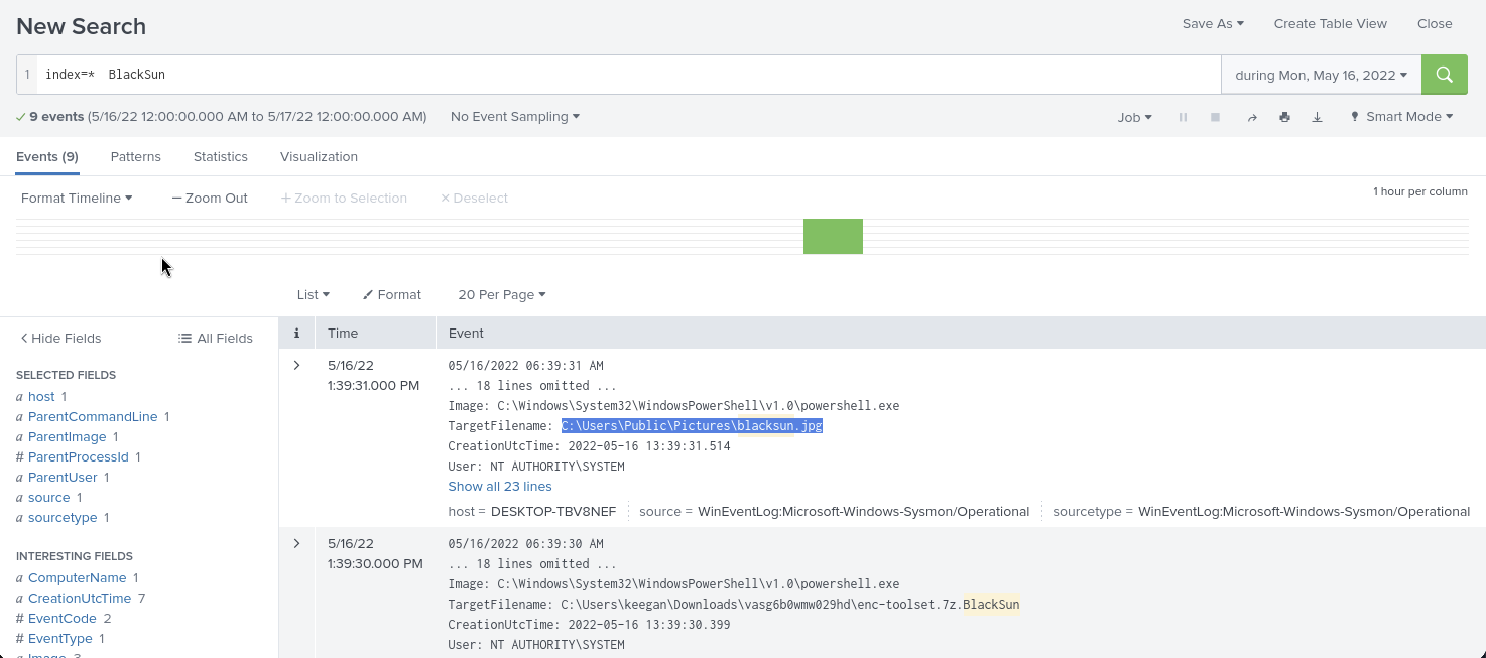Splunk search for the ransomware name — 9 events, showing a wallpaper image dropped to Public\Pictures and the ransomware toolkit in a user's Downloads folder